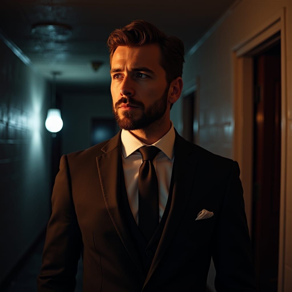 Bearded Man in Suit: Cinematic Film Noir Portrait