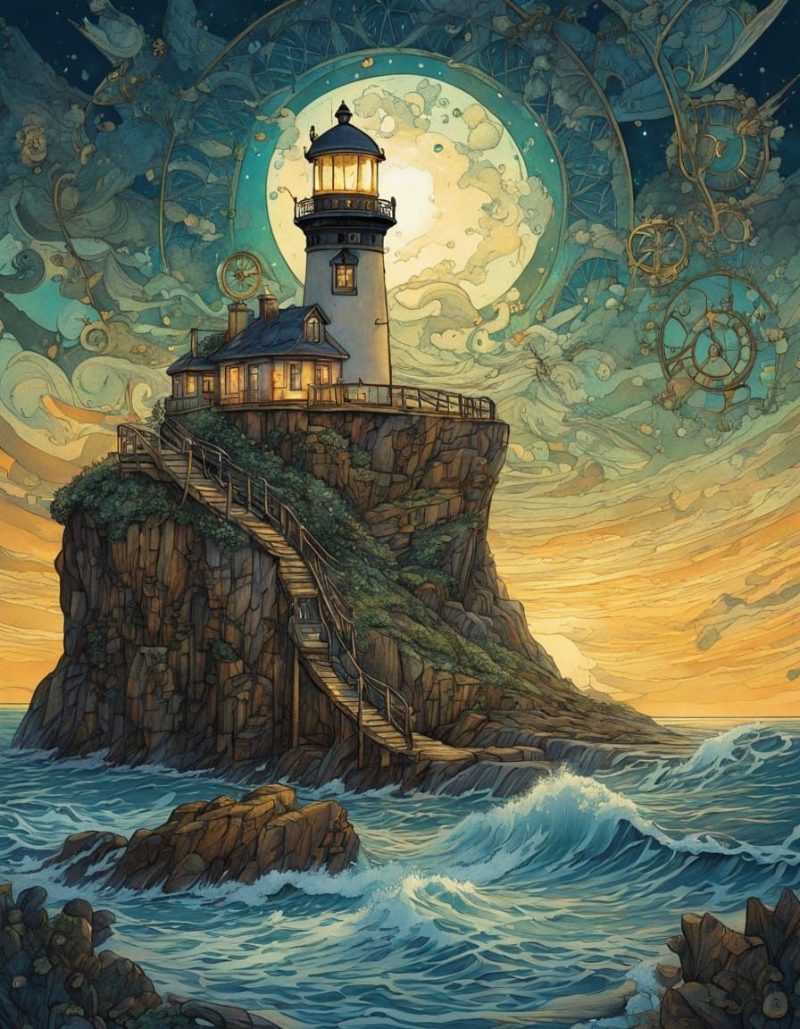 Steampunk Lighthouse in Surreal Art Nouveau Style