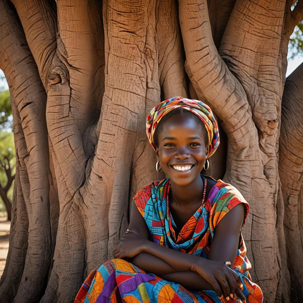 African Girl Portrait under Baobab Tree