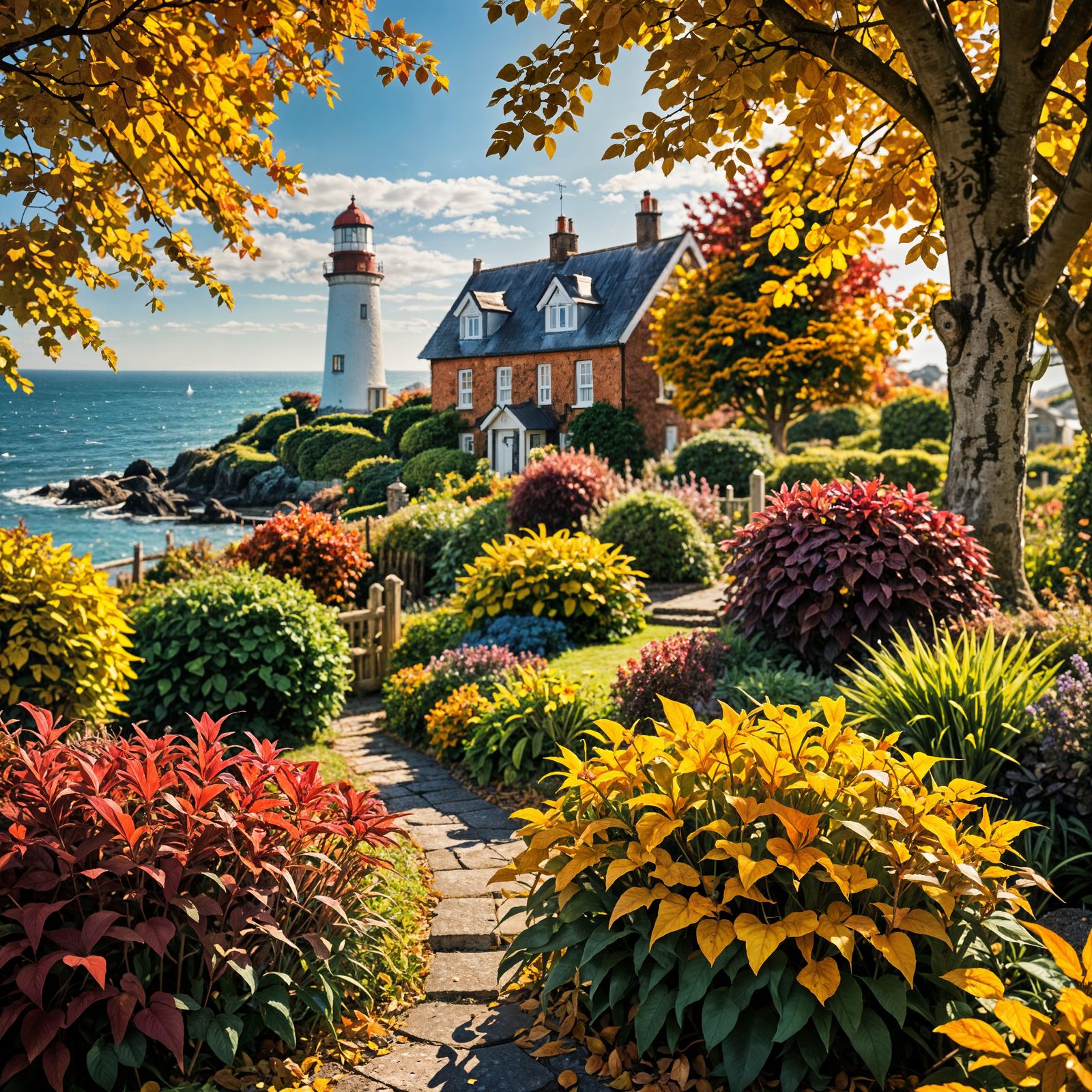 Vivid Autumn Garden with Lighthouse, Bokeh Effect