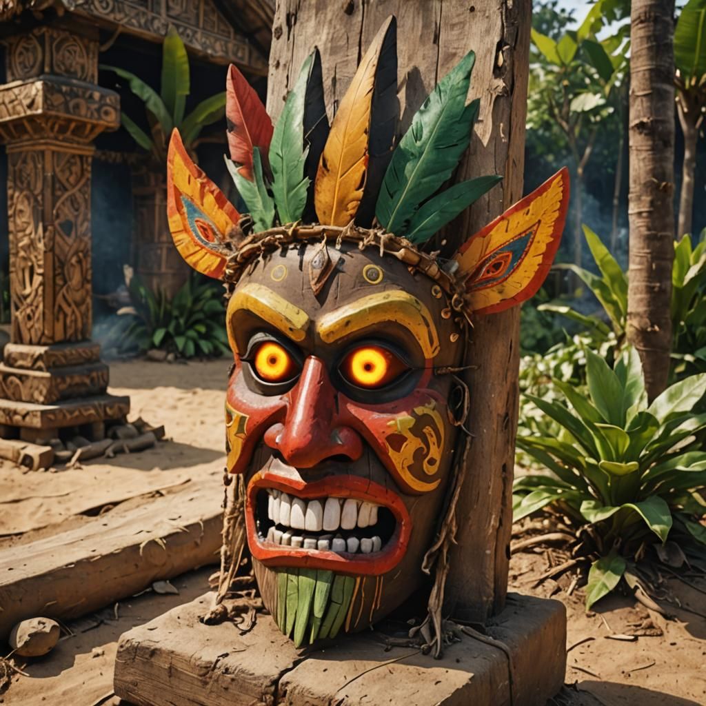 Tribal Witch Doctor with Wooden Mask in Firelight