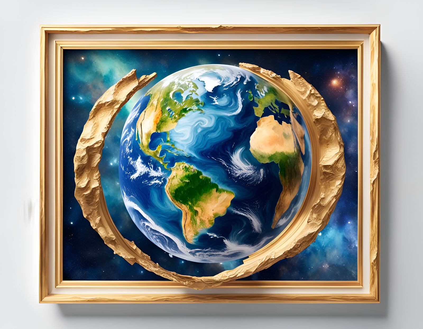 Earth from Space in Golden Frame: Impasto Watercolor