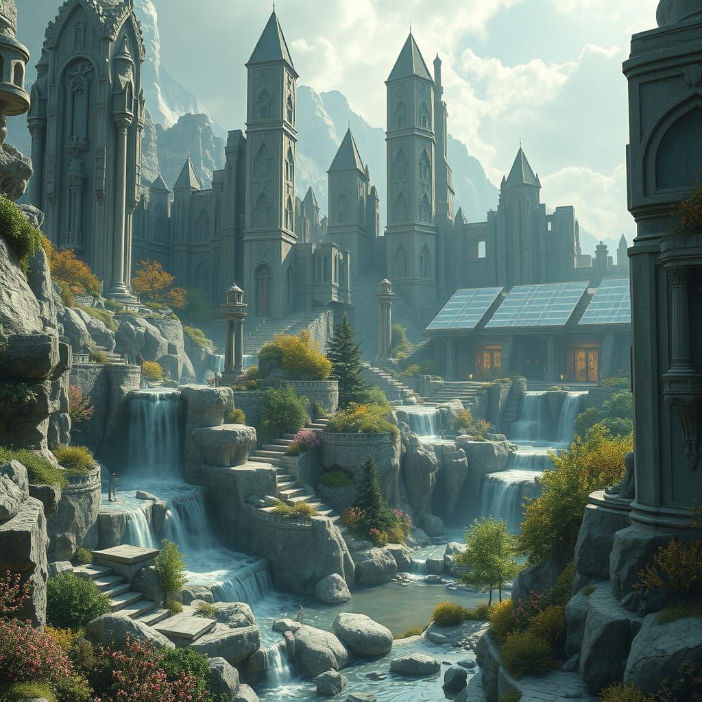 Ethereal Solarpunk Oasis in Ancient Snow Elf Ruins