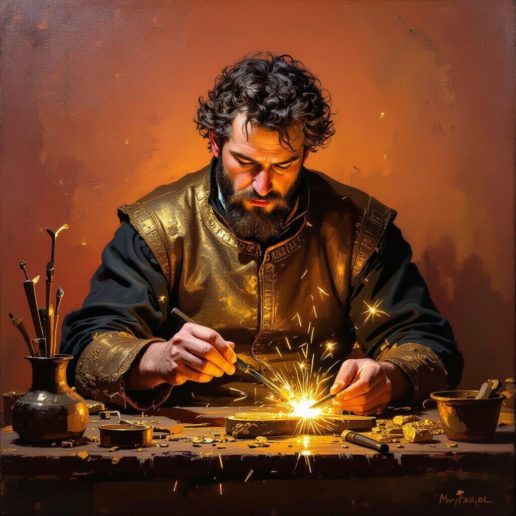 Goldsmith Working with Glowing Tools in Warm Terracotta Pale...