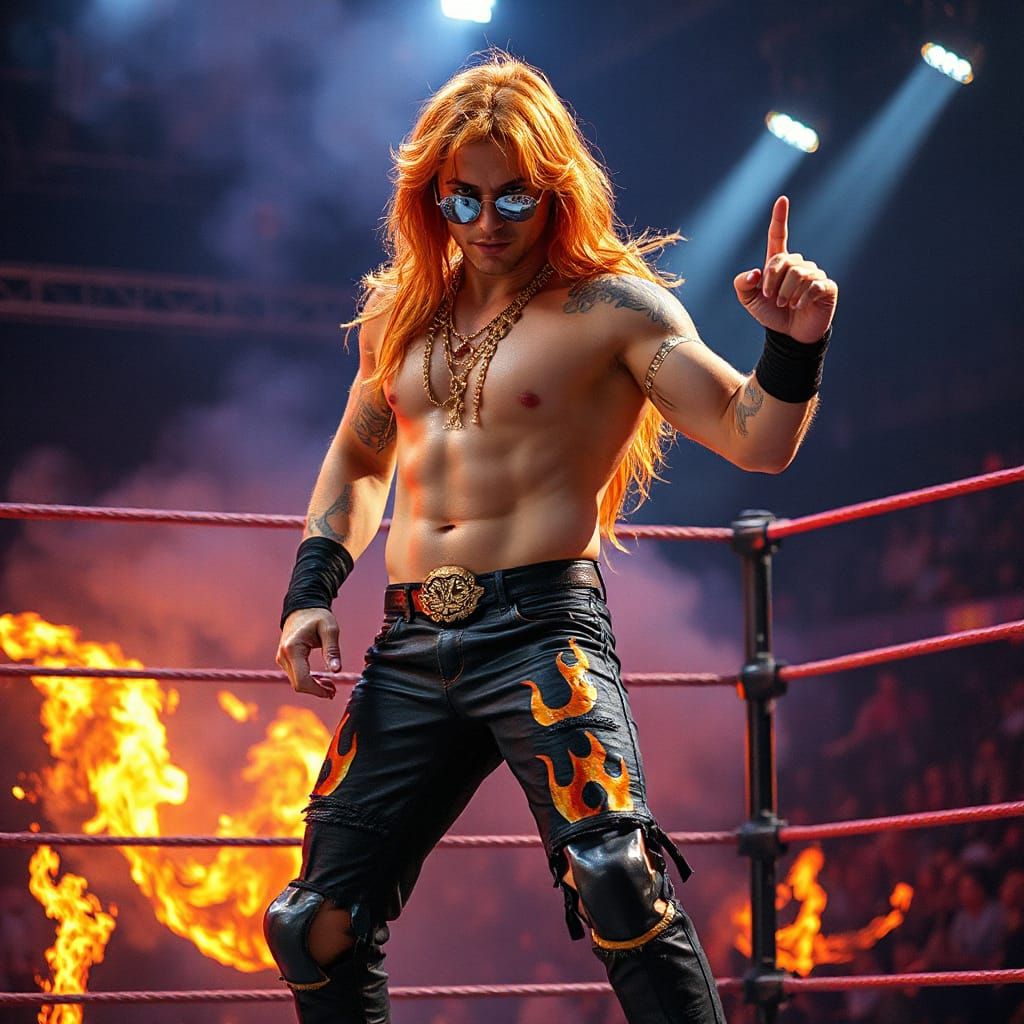 Cyberpunk Wrestler with Flame Tattoos in Steel Cage
