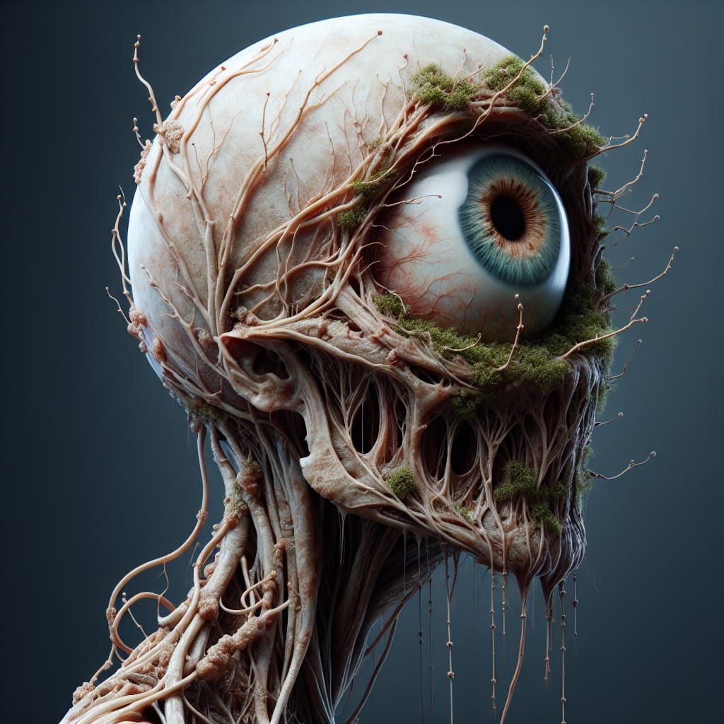 Uncanny Moss-Covered Eyeball Creature Concept Art