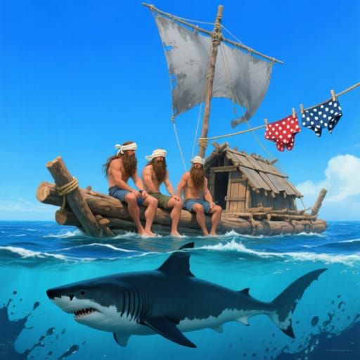 Men Stranded on Log Raft Under Shark Shadow