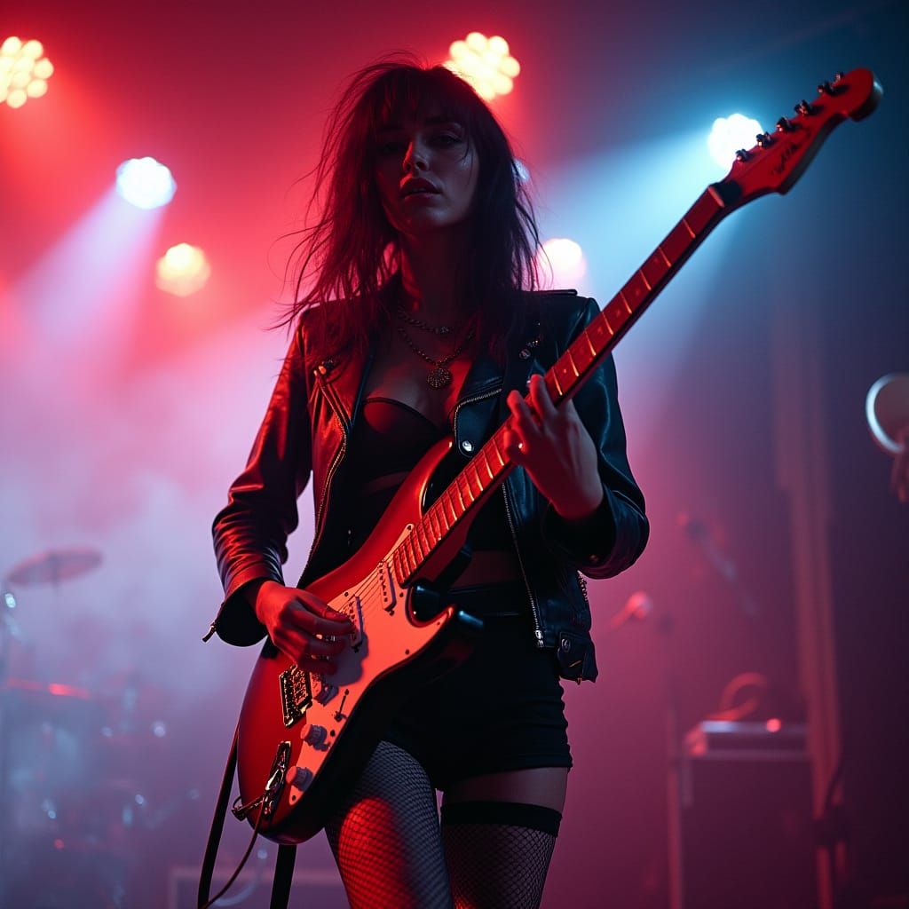 Punk Rock Guitarist on Neon Stage, Cinematic Photo