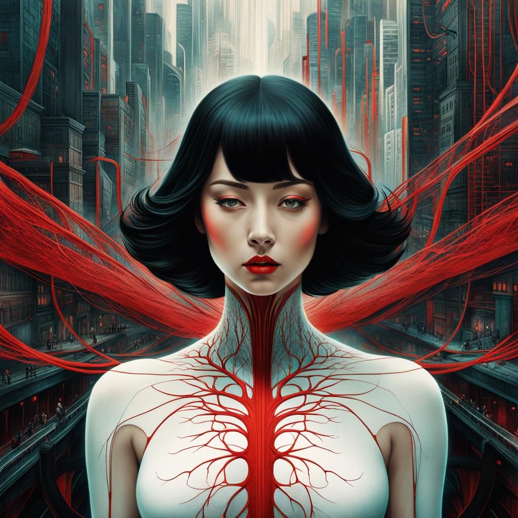 Surreal Industrial Portrait in Red and Black Duotones