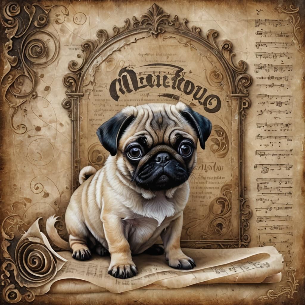 Cute Pug Puppy in Ornate Scroll, Digital Painting