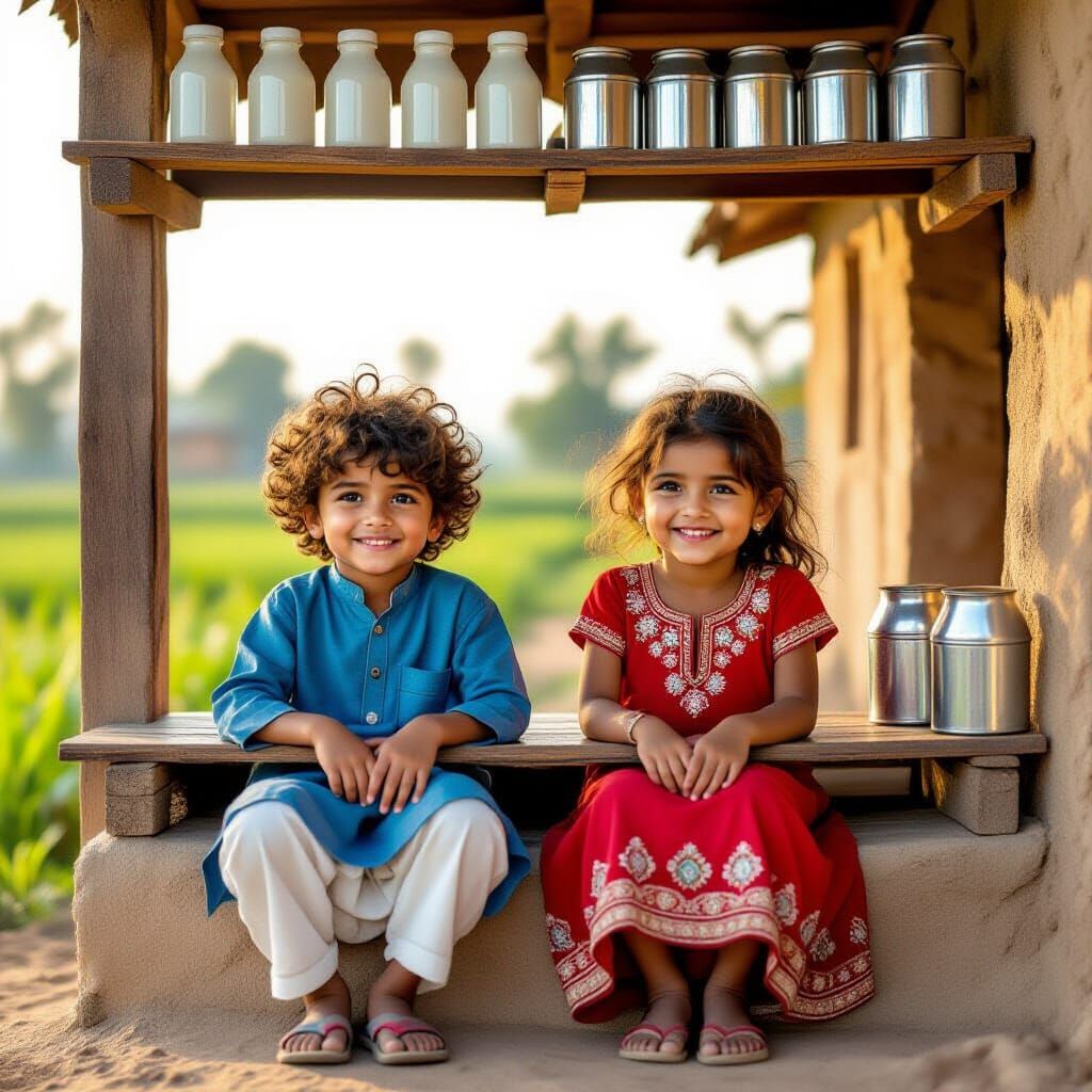 Village Kids Peek From Under Shop Counter in Soft Sunlight