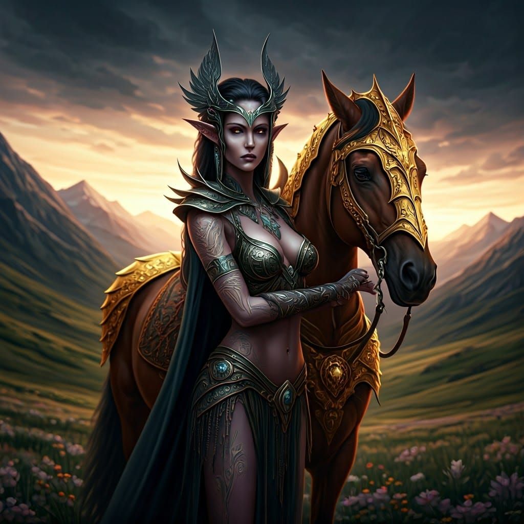 Dark Elf Warrior Woman with Armored Horse