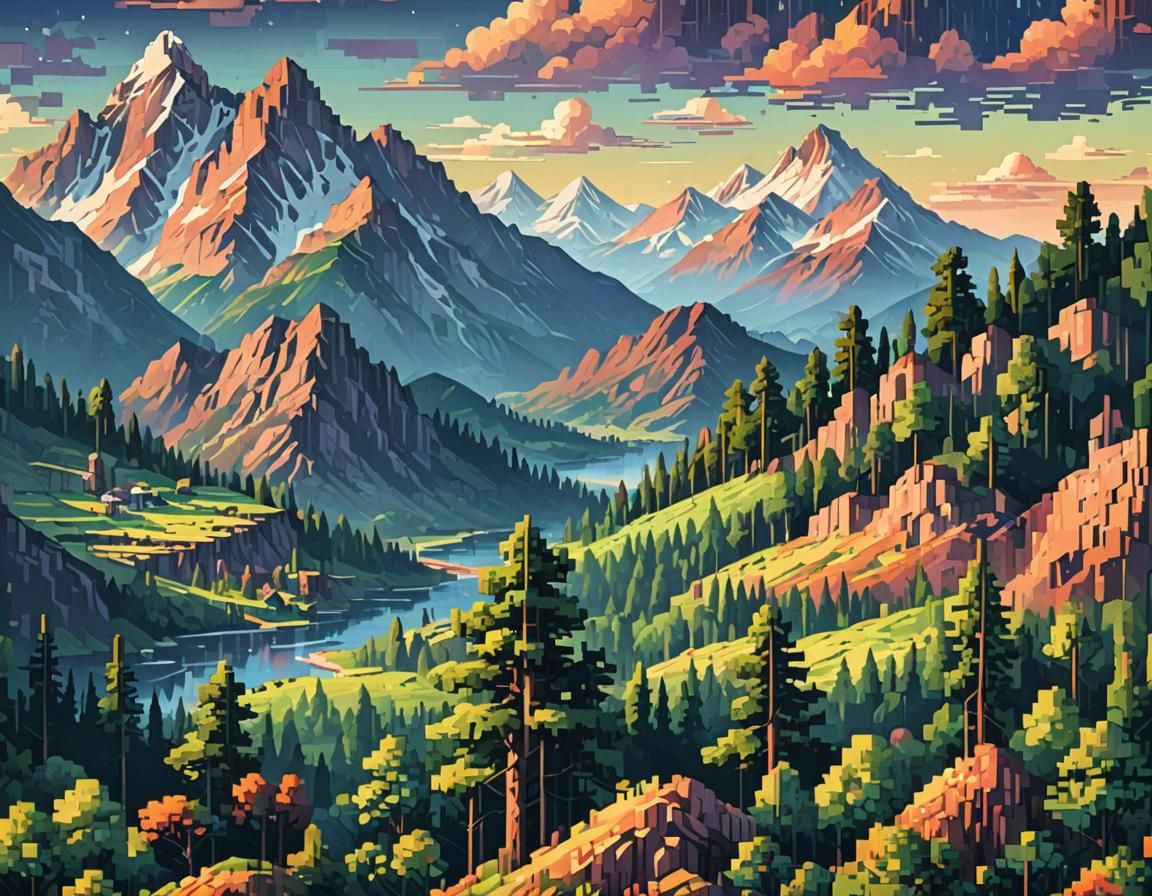Pixelated Landscape with Mountains and Bright Sky