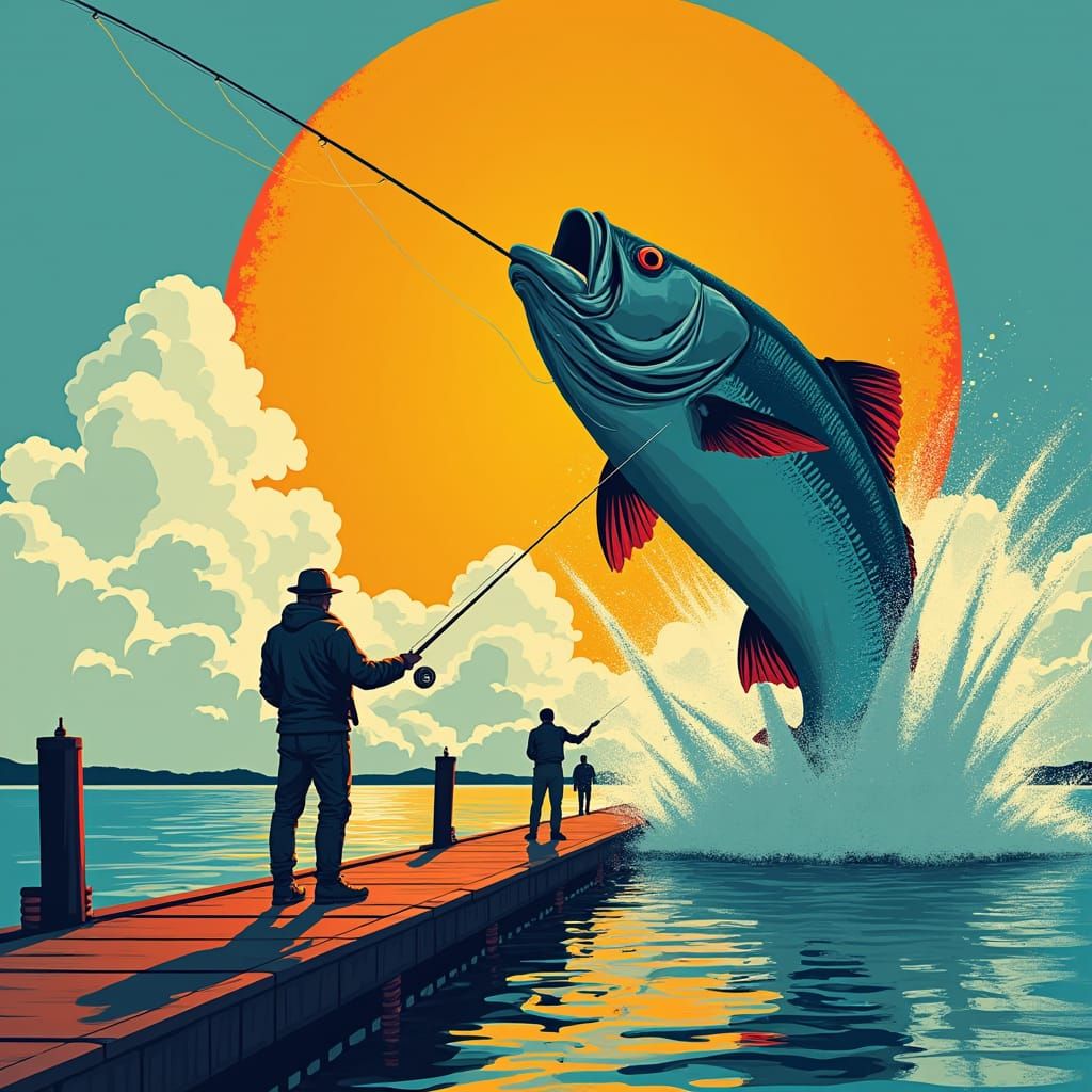 Fisherman and Leaping Fish in Retro-Futuristic Style