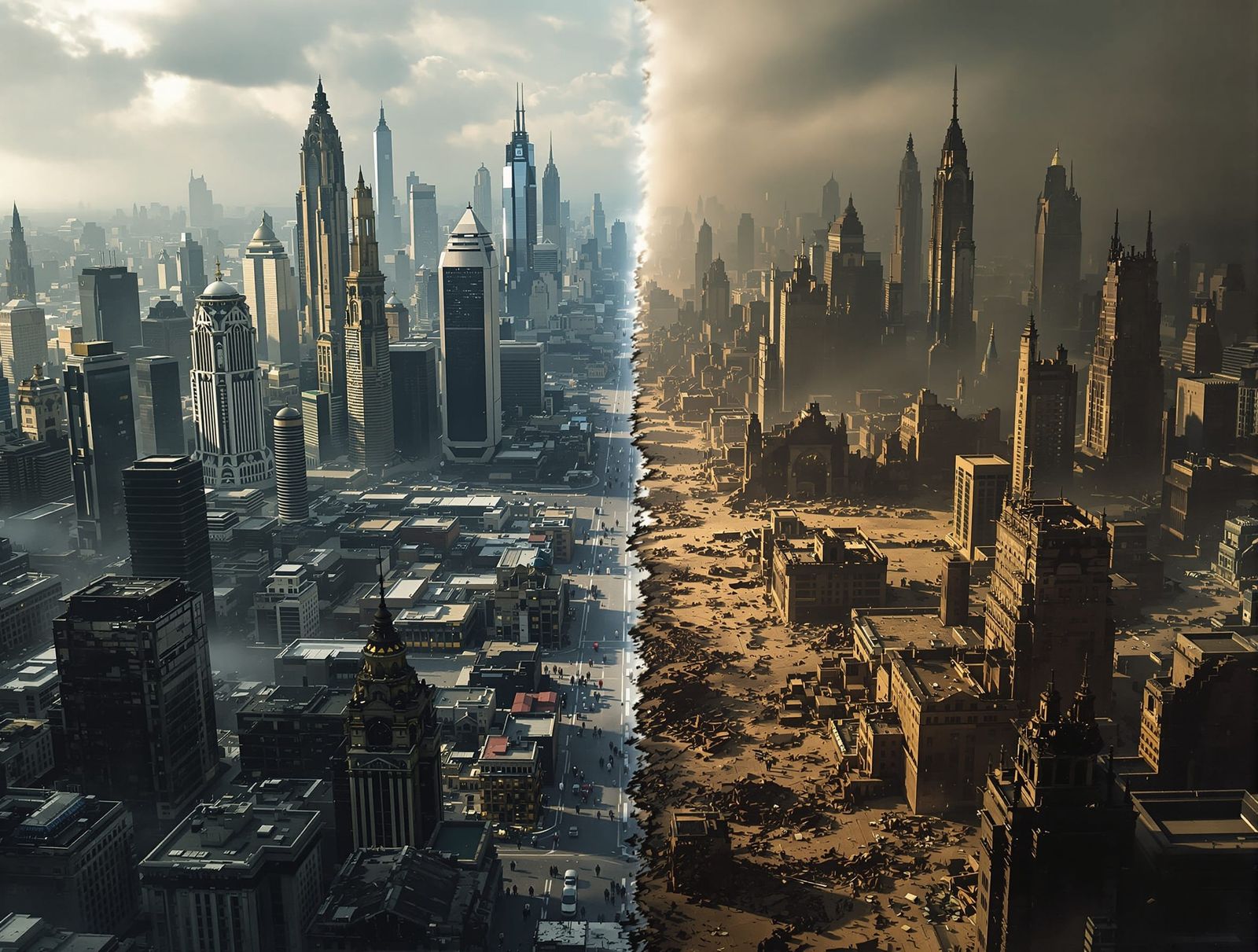 Dystopian City Split Between Metropolis and Ruins