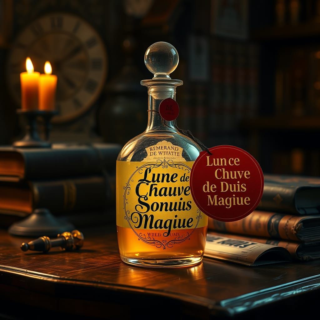 UN FLACON DE POTION MAGIQUE DORE sur un fond de table de sor...