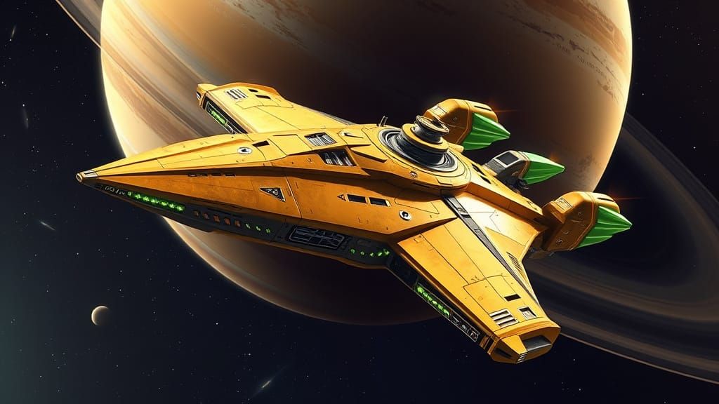 Medievalpunk Starship Flies By Ringed Planet