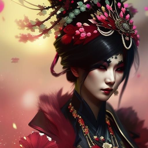 Punk Geisha with Flower Crown in Aetherpunk Dreamcore