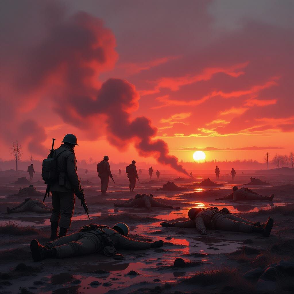 Dystopian Battlefield: Fallen Soldiers Under a Red Sunset