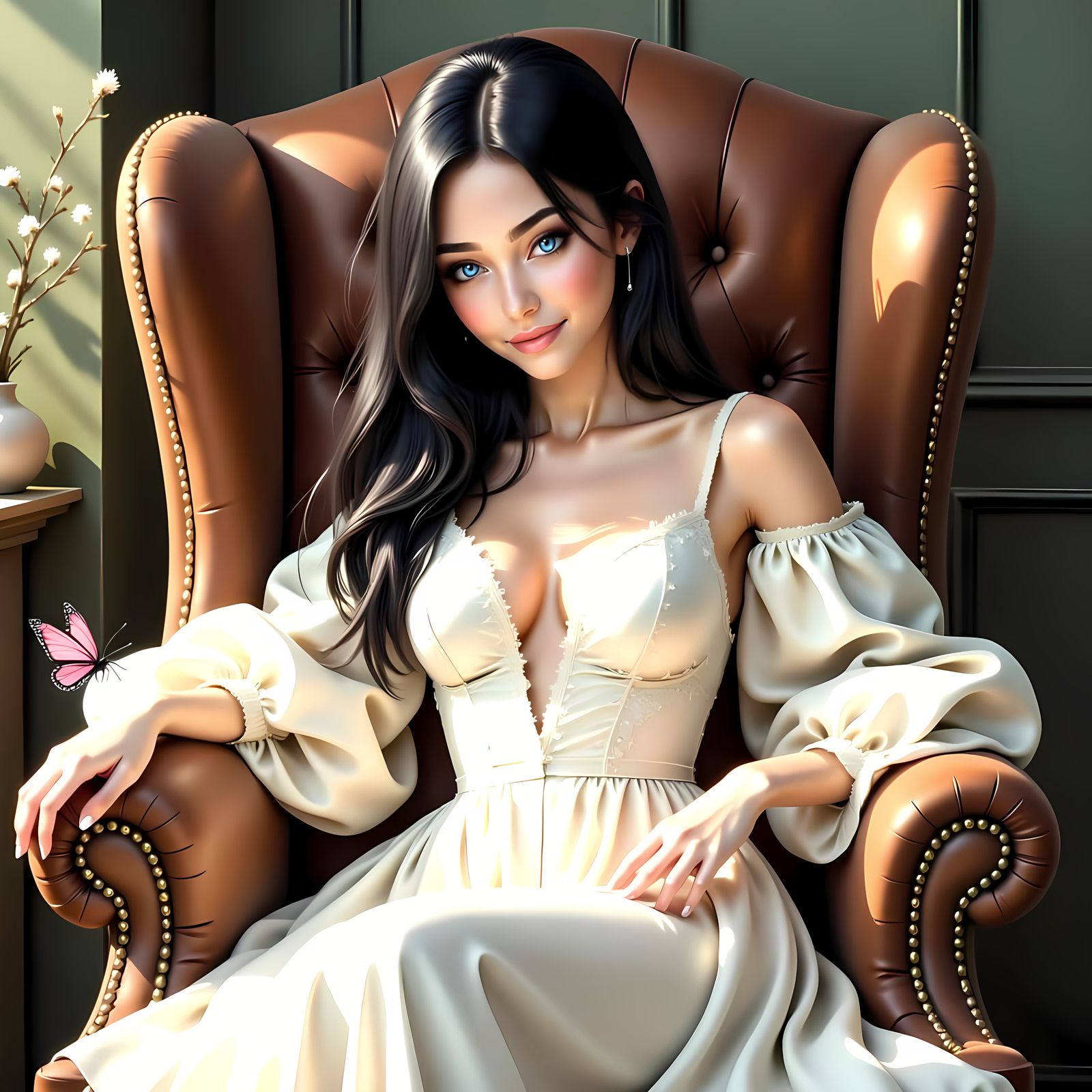Hyperrealistic Young Lady Seating in Furry Chair