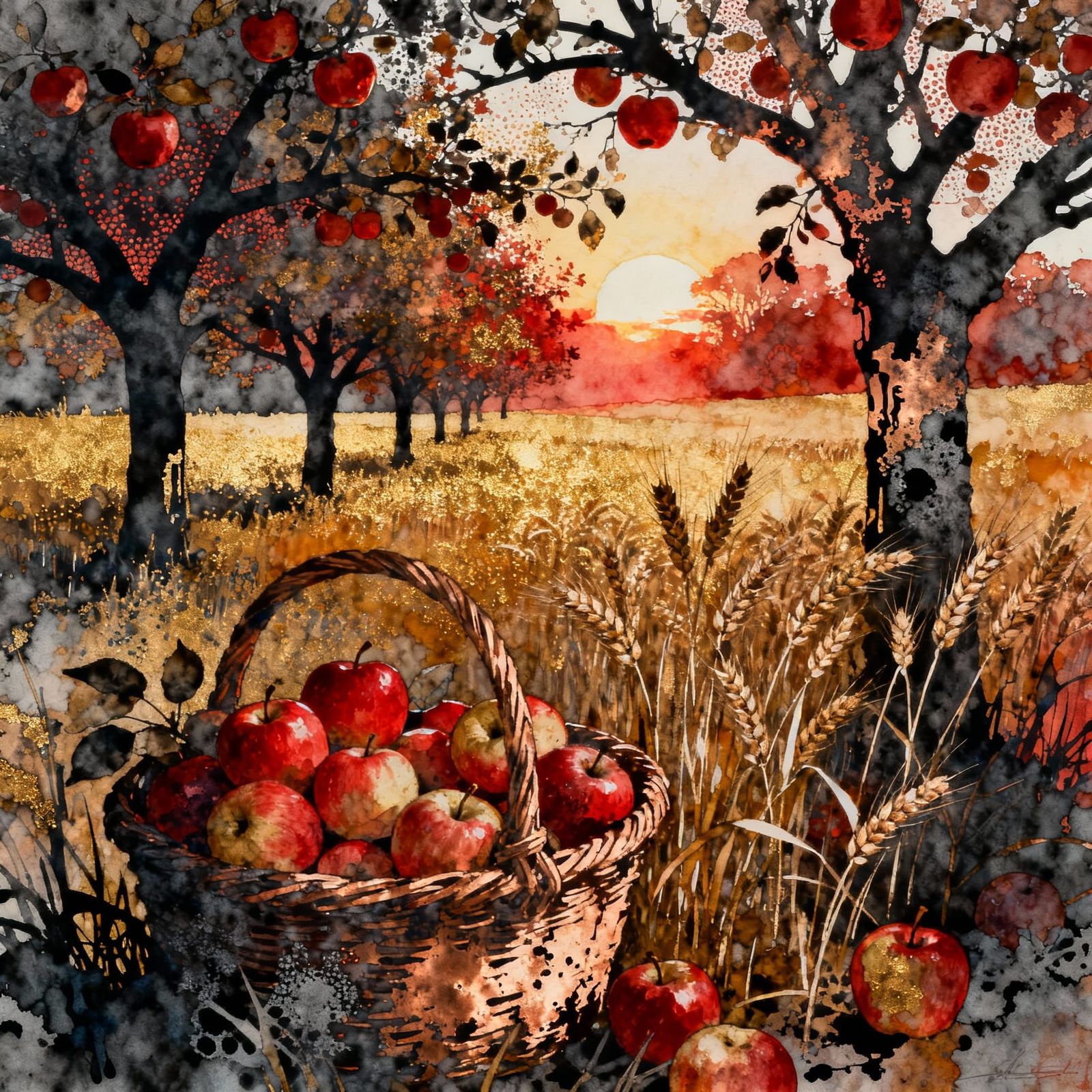 Mystical Autumn Orchard Harvest in Cyanotype Style