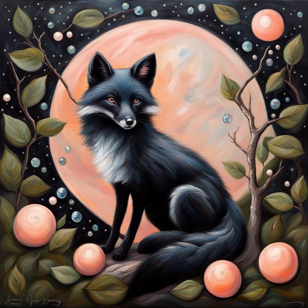 Black Fox in Forest with Stars, Moon and Clouds