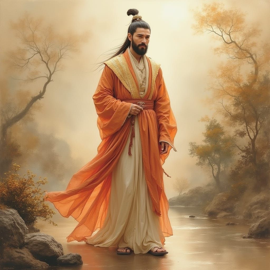 Elegant Figure in Chinese Watercolor Landscape