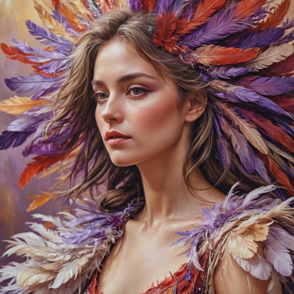Sensual Woman in Lavender Feather Gown, an Oil Painting