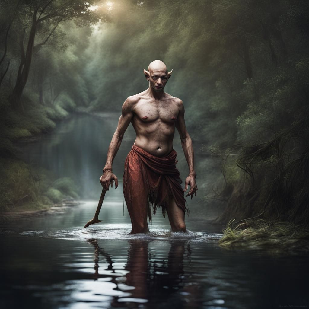 Ghatotkacha: Hybrid Warrior Bathing in Forest River