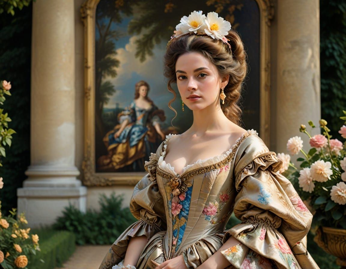 Baroque Lady Posing in Versailles Gardens