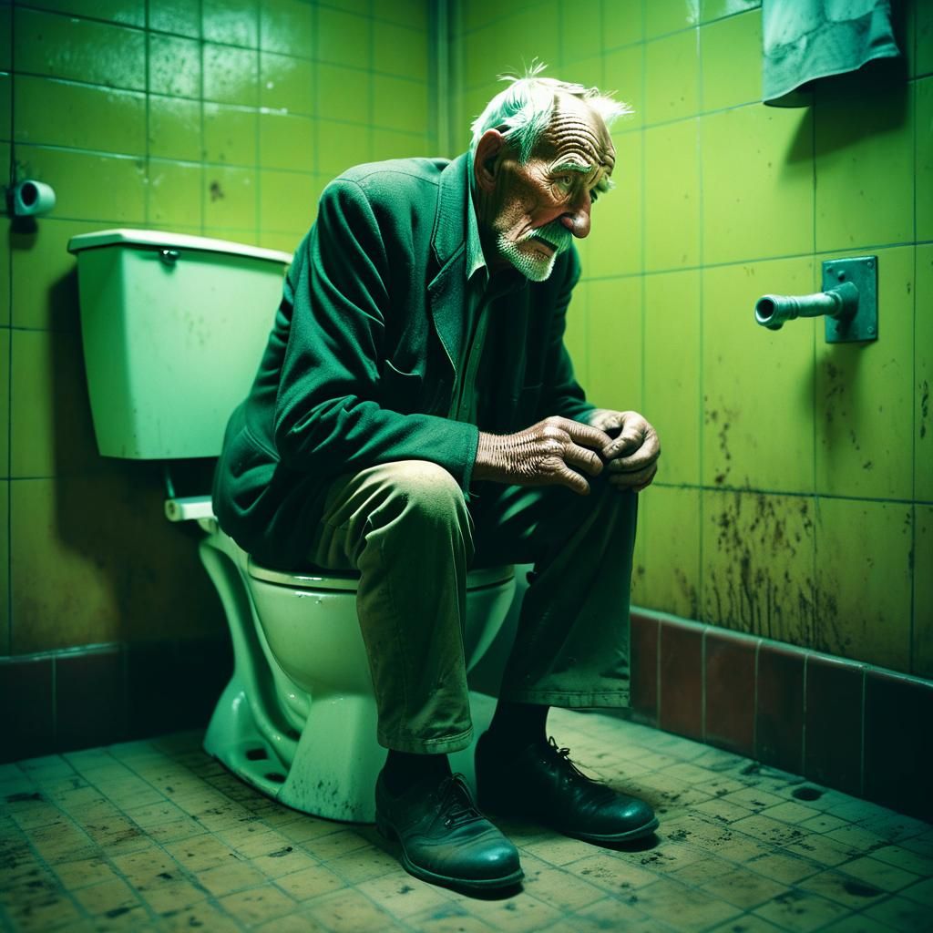 Farmer Gazing into Toilet: Cinematic Still