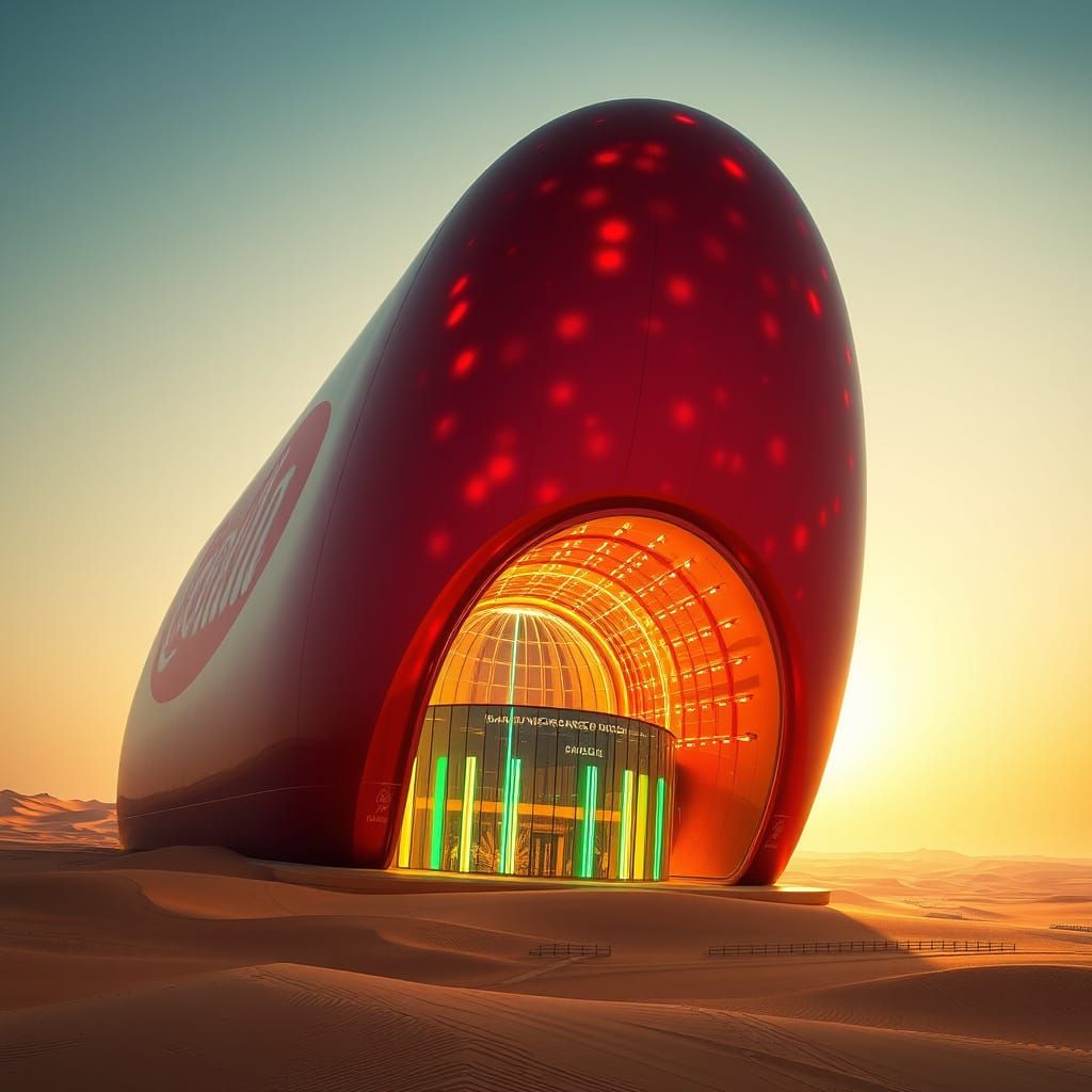 Gigantic Coca-Cola Bottle Building in Futuristic Desert Land...
