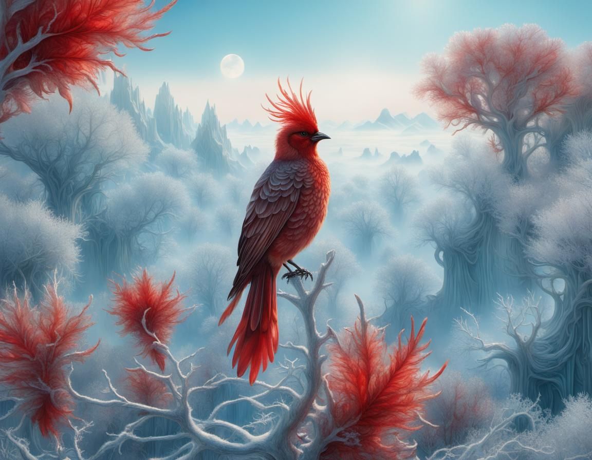 Red Birds on Frosted Branches: Ethereal Fantasy Landscape
