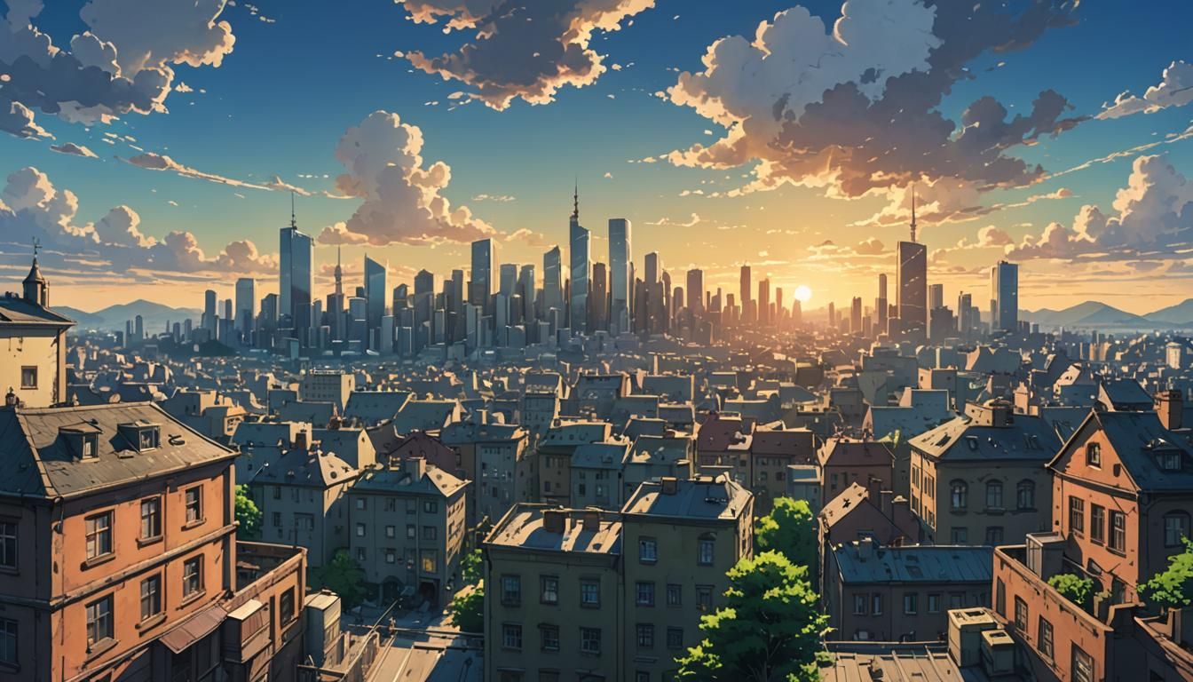 Frankfurt Skyline in Studio Ghibli Anime Style