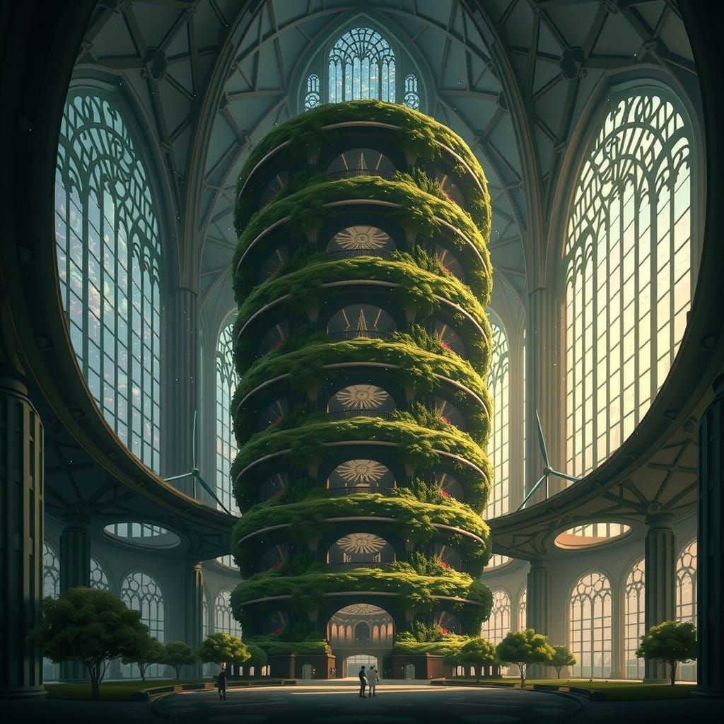 Vibrant Eco Skyscraper with Shifting Ivy and Wind Turbines