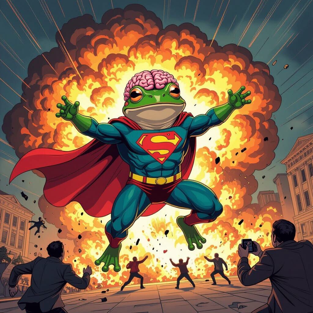 Frog Superhero Saves People From Explosion, Renaissance Styl...