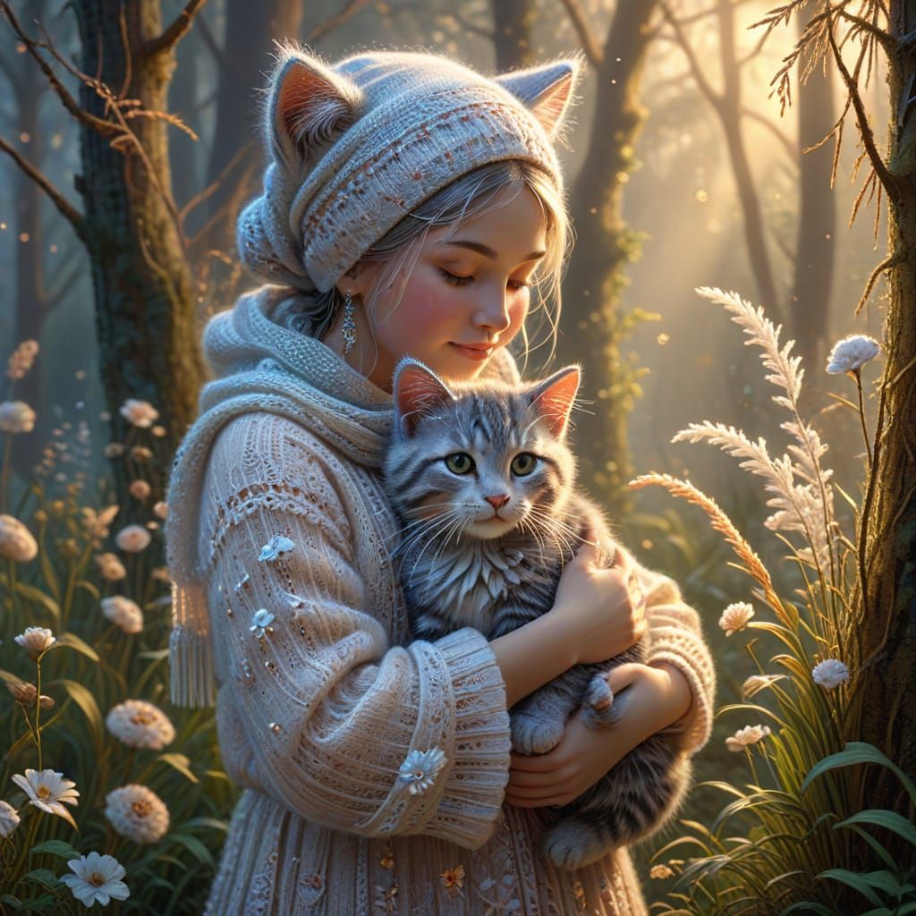 Knitted Girl Hugging Cat in Dreamy 3D Art