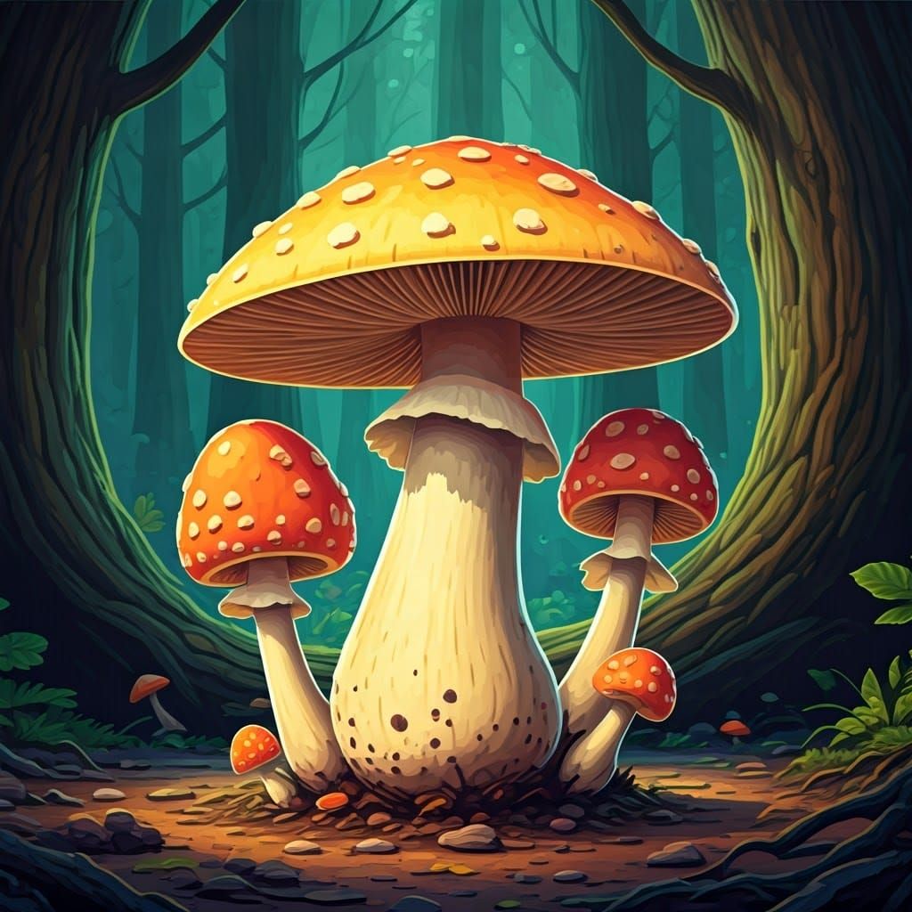 Vibrant Cartoon Mushrooms in a Whimsical Forest