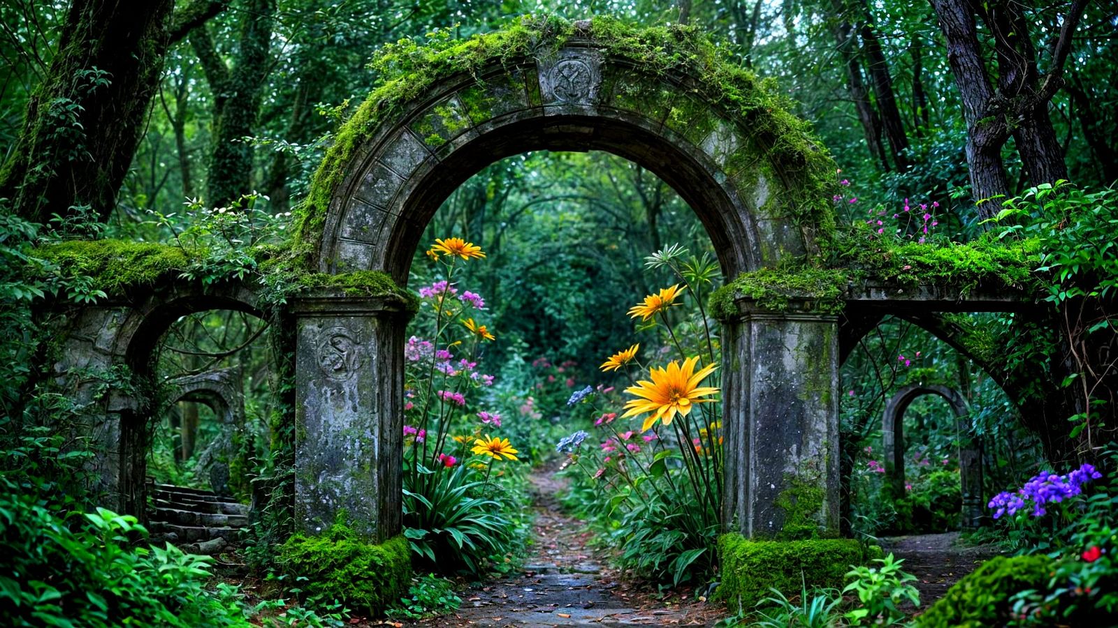 An ancient, moss-covered stone archway stands at the entrance to a hidden forest glade.