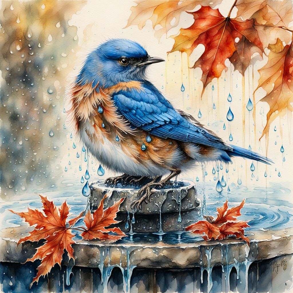 Bluebird's Refreshing Bath: Watercolor Masterpiece