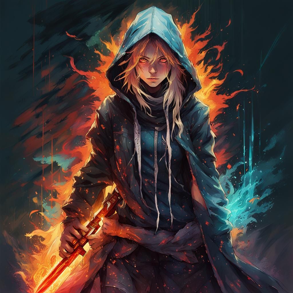 Anime Assassin Girl with Flaming Daggers