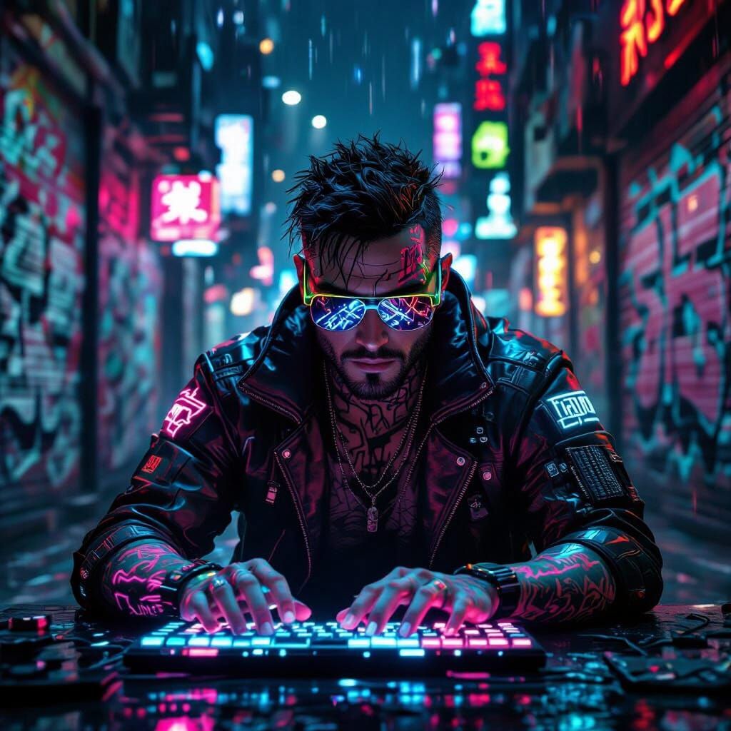 Cyberpunk Hacker in Neon Alleyway: Digital Painting