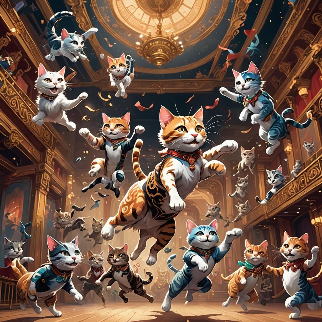Acrobatic Cats in Ornate Theater: Disney Animation Style