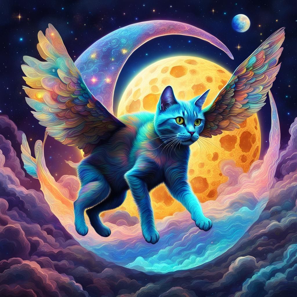 Flying Cat on the Moon: Cosmic Illustration