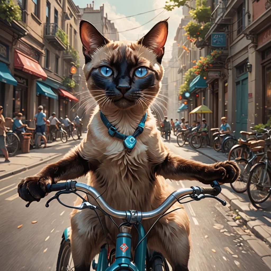Siamese Cat Rides Bicycle: Hyperdetailed Portrait