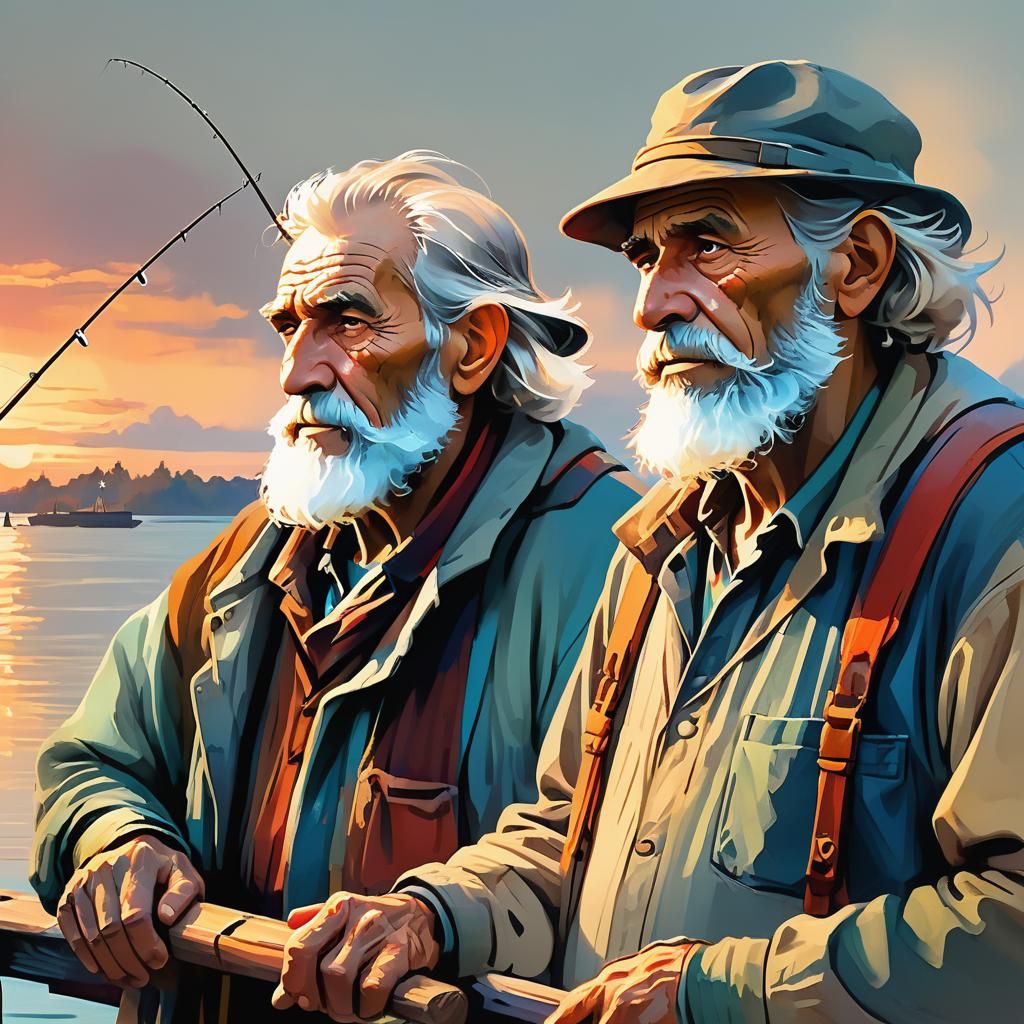 Hyperrealistic Portrait of Fishermen on a Jetty