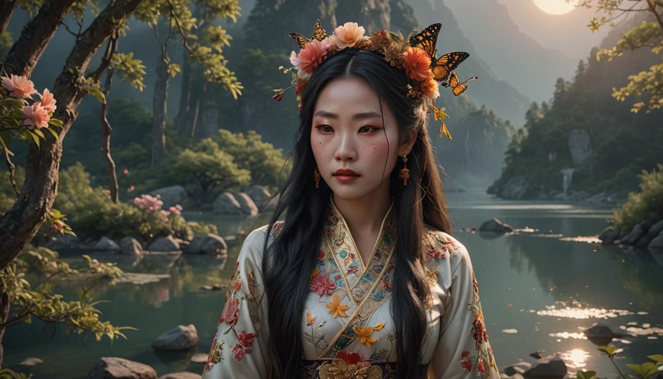 Chinese Woman with Flowers: Hyperrealistic Octane Render