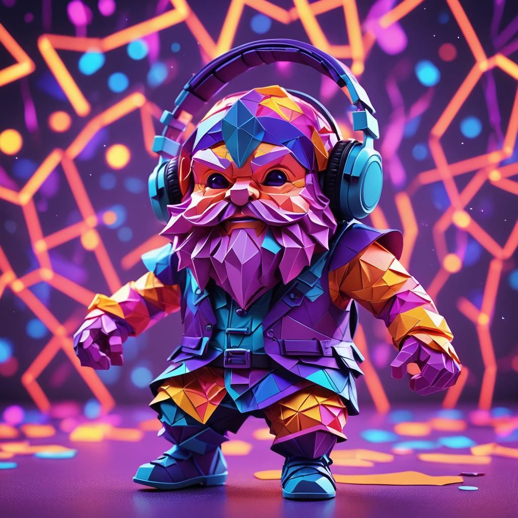 Dancing Dwarf at Neon Techno Party: Kawaii Digital Art