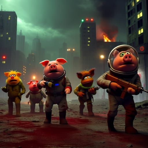 Five realistic Muppet Pigs in Space in the zombie apocalypse...