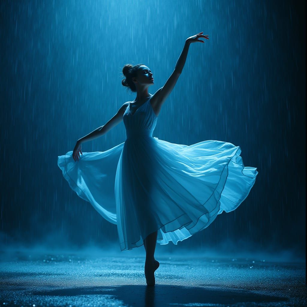 Ethereal Ballerina Dancing Under Indigo Raindrops in Surreal...